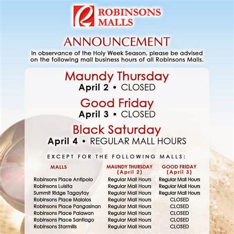 palawan open on holy thursday|Robinsons Malls releases Holy Week schedule .